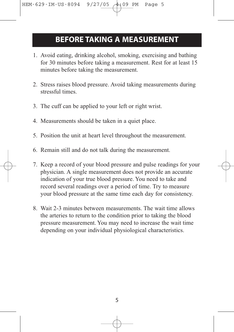 Before taking a measurement | Activeforever Omron HEM-629 Wrist Blood Pressure Monitor User Manual | Page 5 / 22