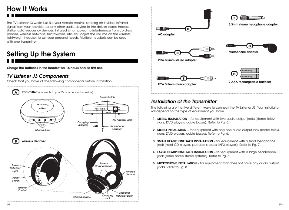 How it works, Setting up the system, Installation of the transmitter | Tv listener j3 components | Activeforever TV Listener Wireless Headphones User Manual | Page 3 / 8
