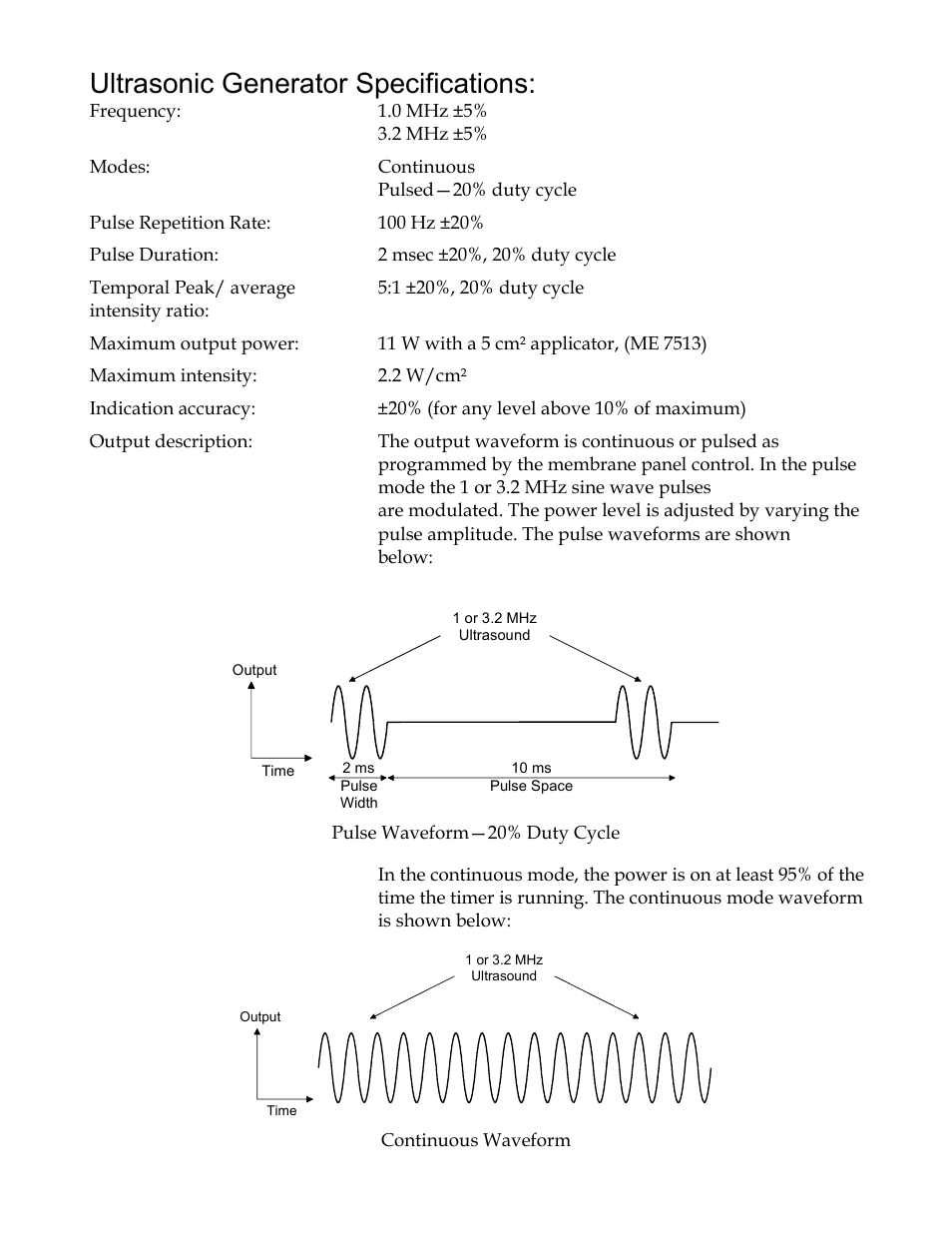Ultrasonic generator specifications | Activeforever Mettler Sonicator Plus 930 2-Channel Combination Therapy Device User Manual | Page 2 / 6