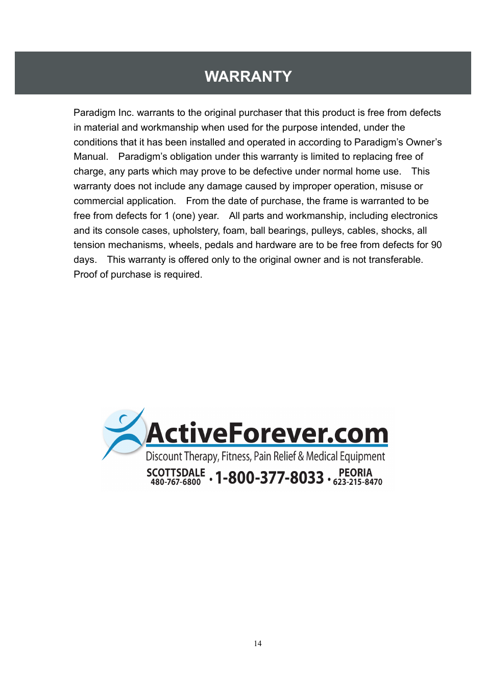 Warranty | Activeforever Ironman Mojave Massage Table User Manual | Page 14 / 14