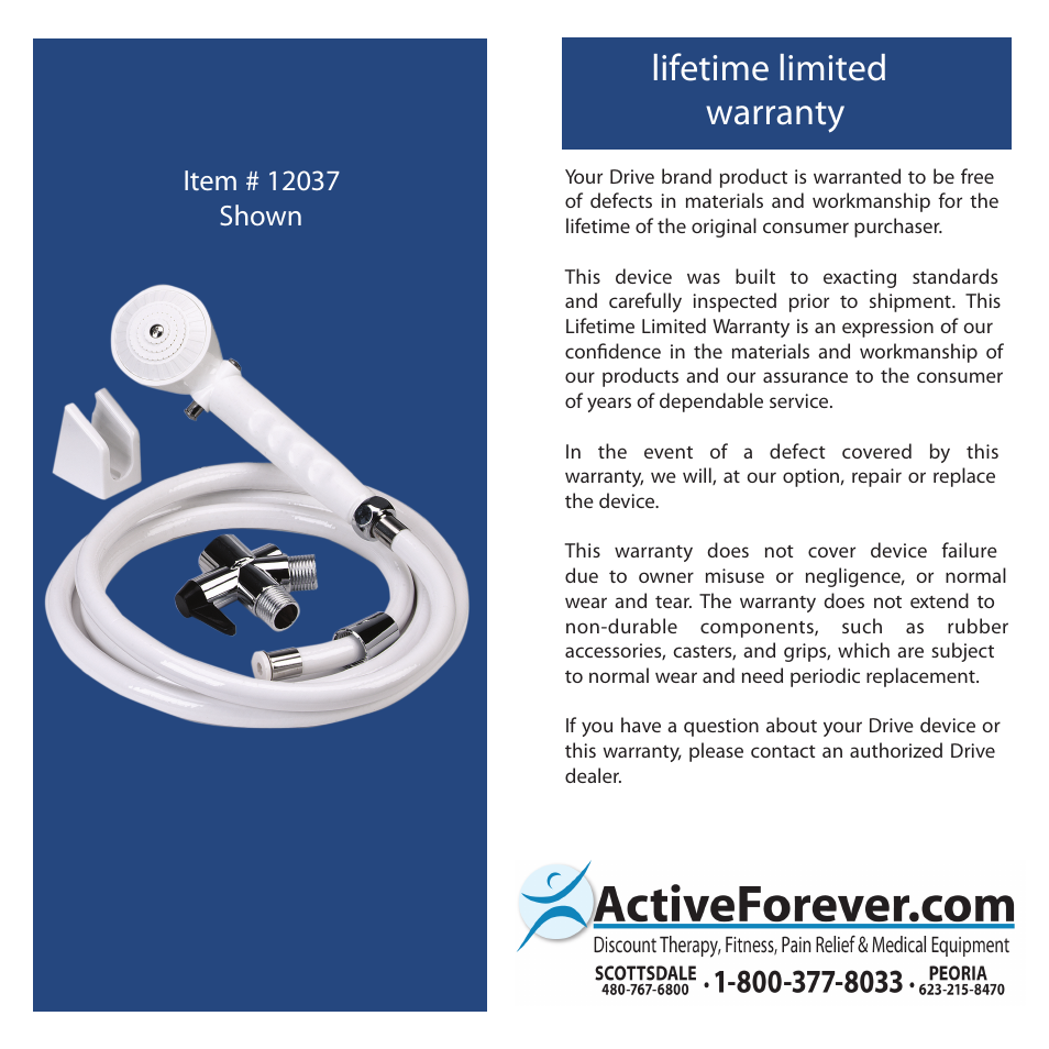 Lifetime limited warranty | Activeforever Drive Hand Held Shower Head User Manual | Page 5 / 6