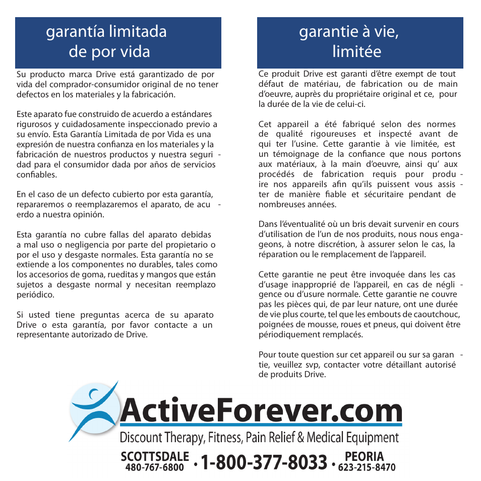 Garantía limitada de por vida, Garantie à vie, limitée | Activeforever Drive Hand Held Shower Head User Manual | Page 6 / 6
