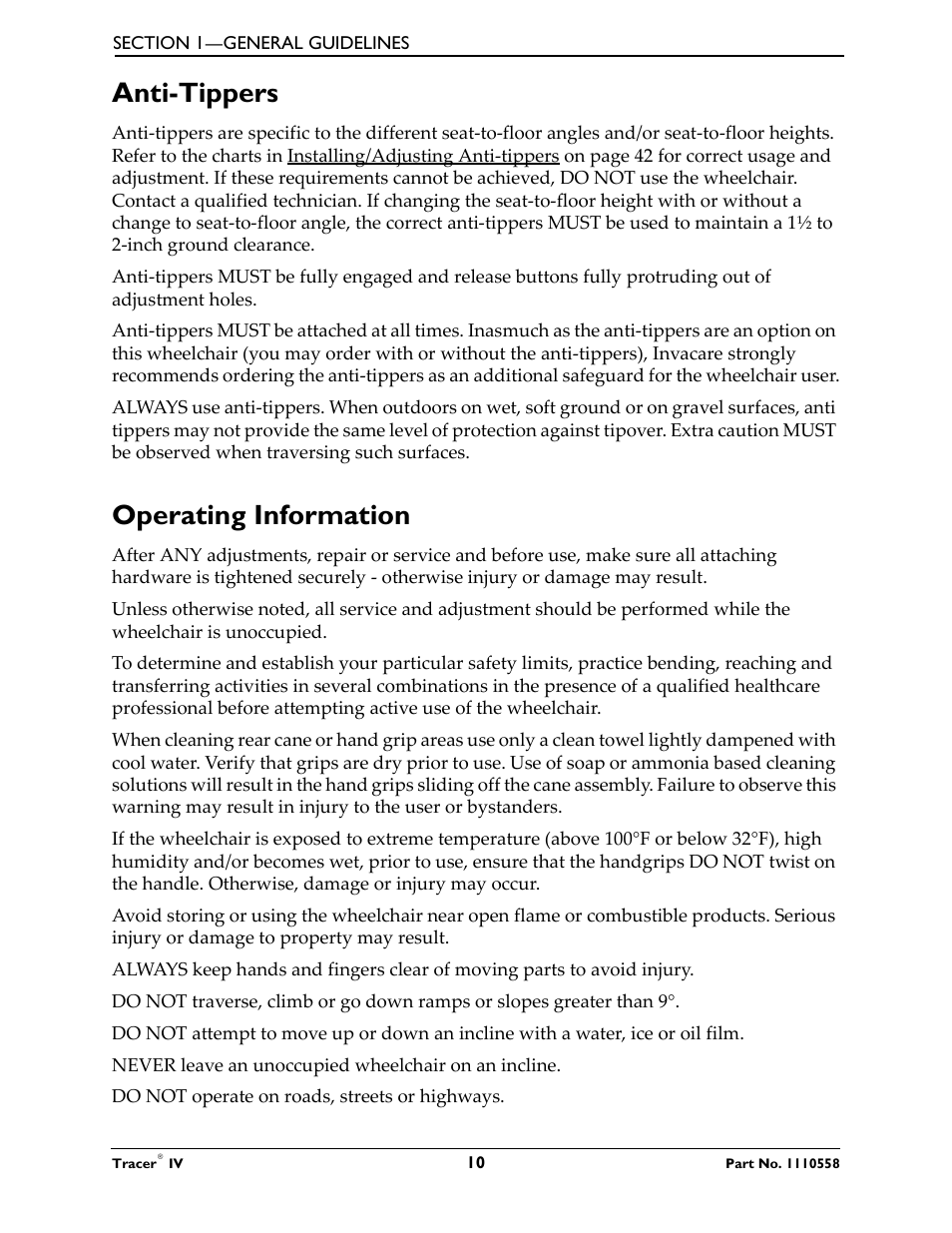 Anti-tippers, Operating information | Activeforever Invacare Tracer IV Wheelchair User Manual | Page 10 / 51