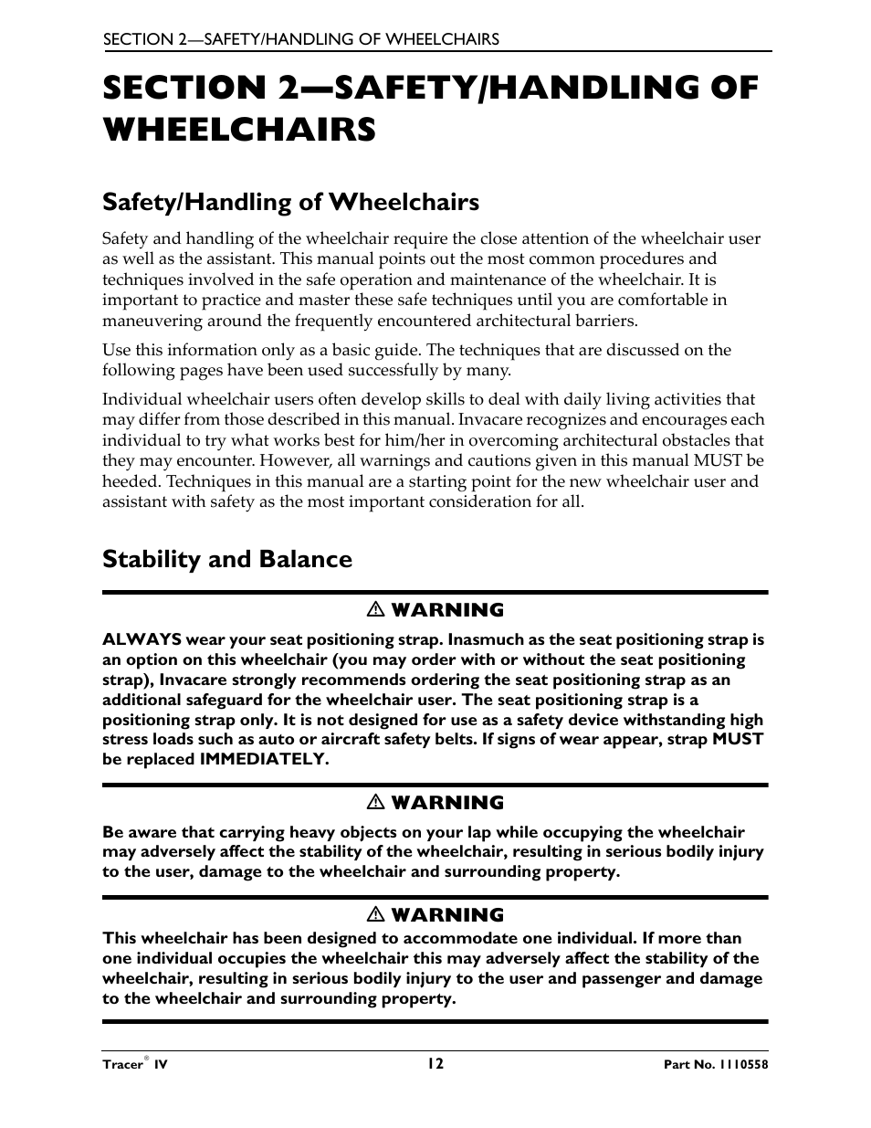 Safety/handling of wheelchairs, Stability and balance | Activeforever Invacare Tracer IV Wheelchair User Manual | Page 12 / 51