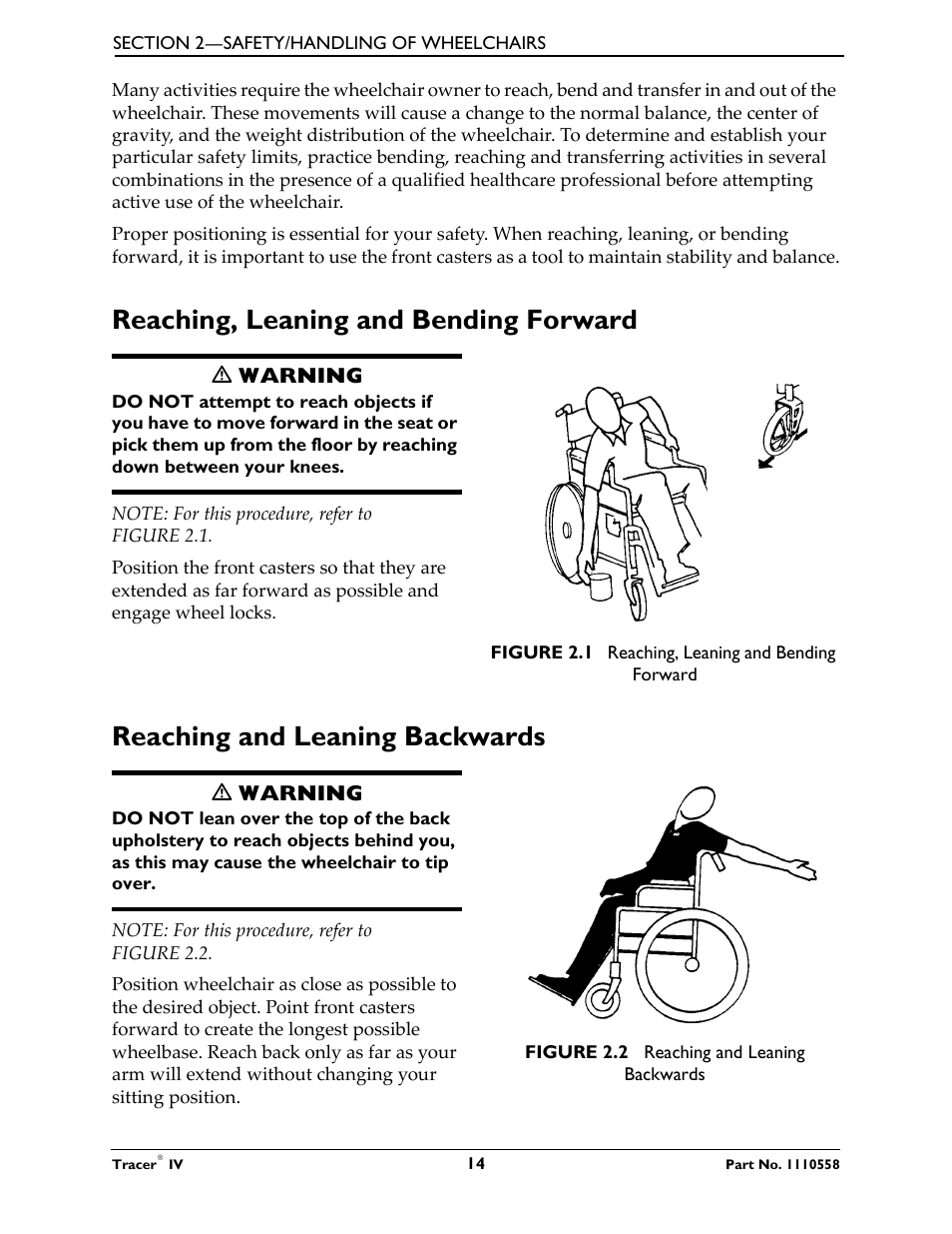 Reaching, leaning and bending forward, Reaching and leaning backwards | Activeforever Invacare Tracer IV Wheelchair User Manual | Page 14 / 51