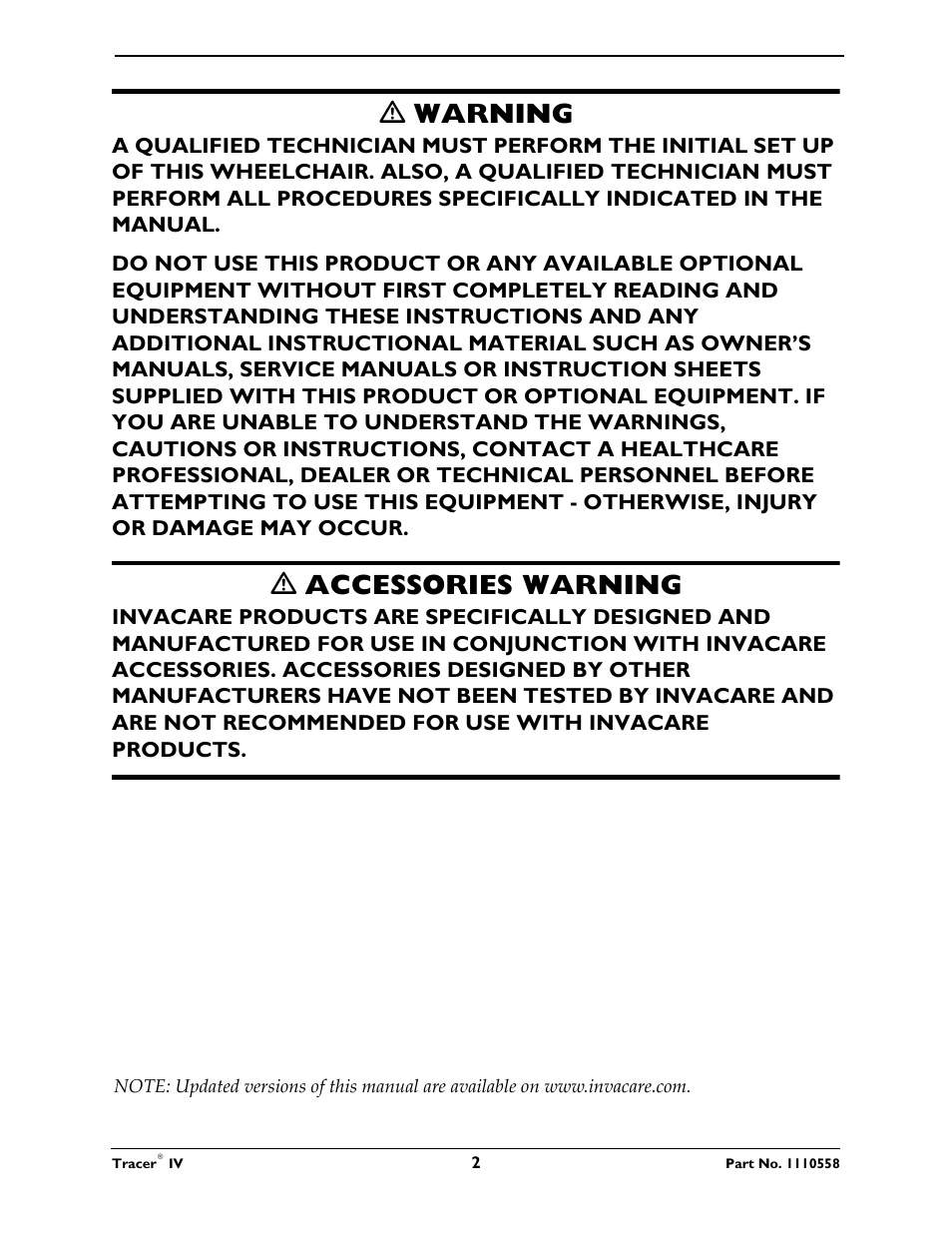 Ƽ warning, Ƽ accessories warning | Activeforever Invacare Tracer IV Wheelchair User Manual | Page 2 / 51
