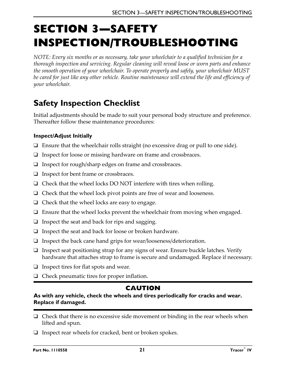 Safety inspection checklist | Activeforever Invacare Tracer IV Wheelchair User Manual | Page 21 / 51