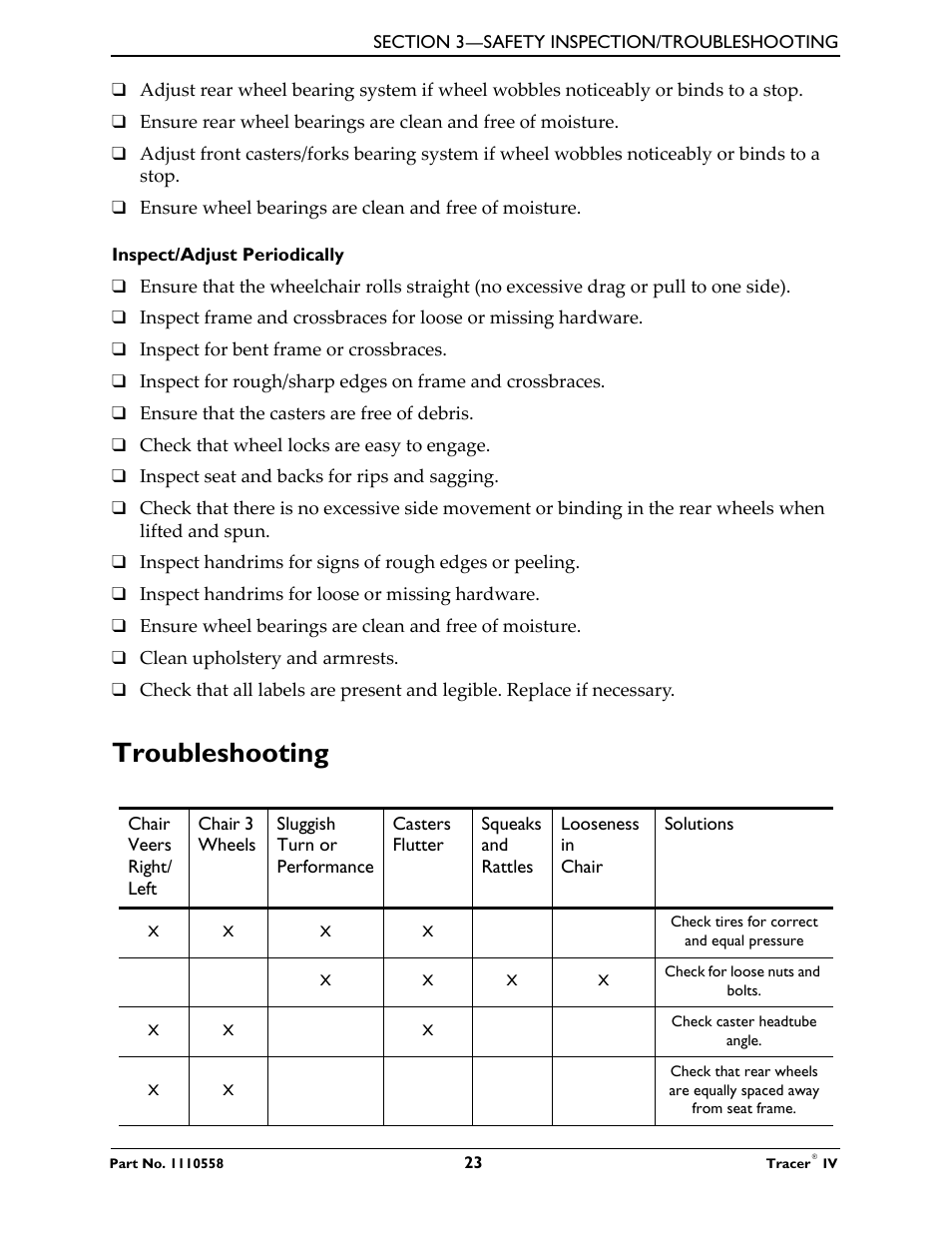 Troubleshooting | Activeforever Invacare Tracer IV Wheelchair User Manual | Page 23 / 51