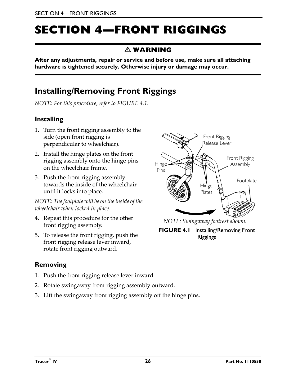Installing/removing front riggings | Activeforever Invacare Tracer IV Wheelchair User Manual | Page 26 / 51