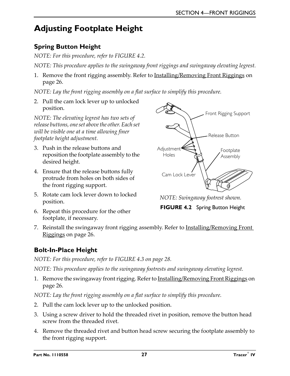 Adjusting footplate height | Activeforever Invacare Tracer IV Wheelchair User Manual | Page 27 / 51