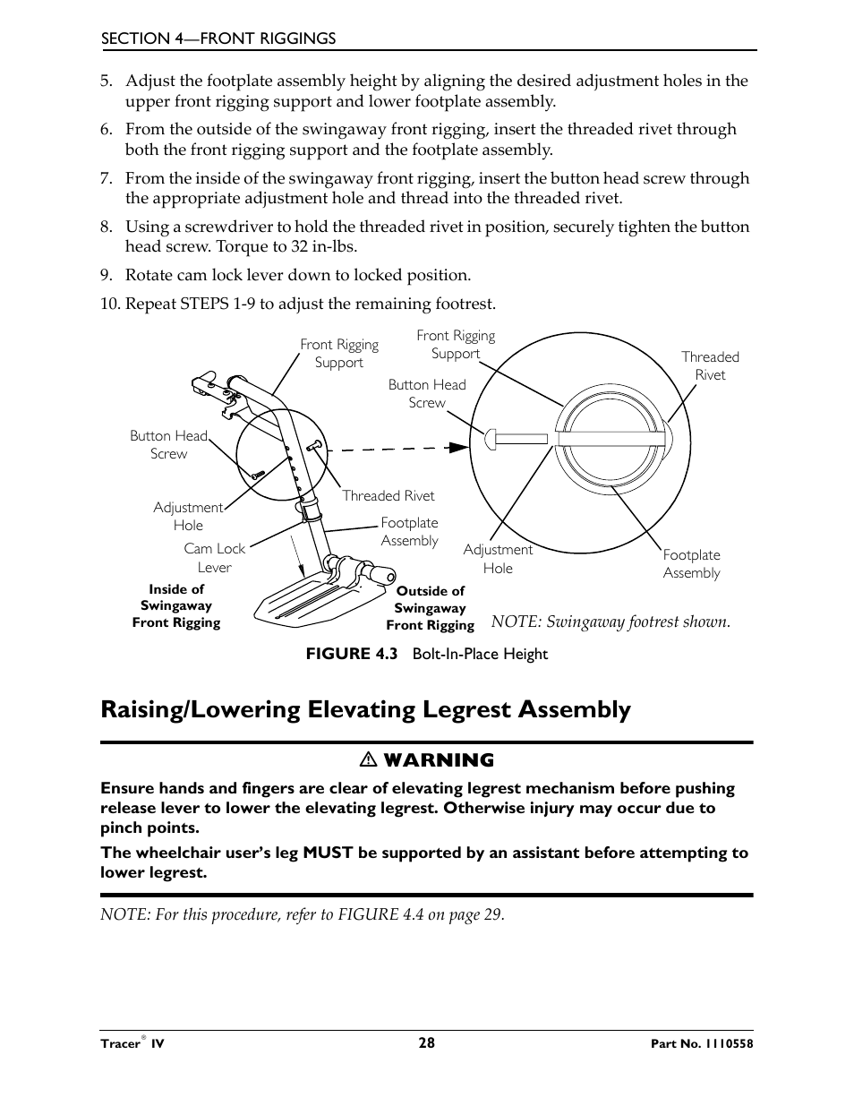 Raising/lowering elevating legrest assembly, Ƽ warning | Activeforever Invacare Tracer IV Wheelchair User Manual | Page 28 / 51