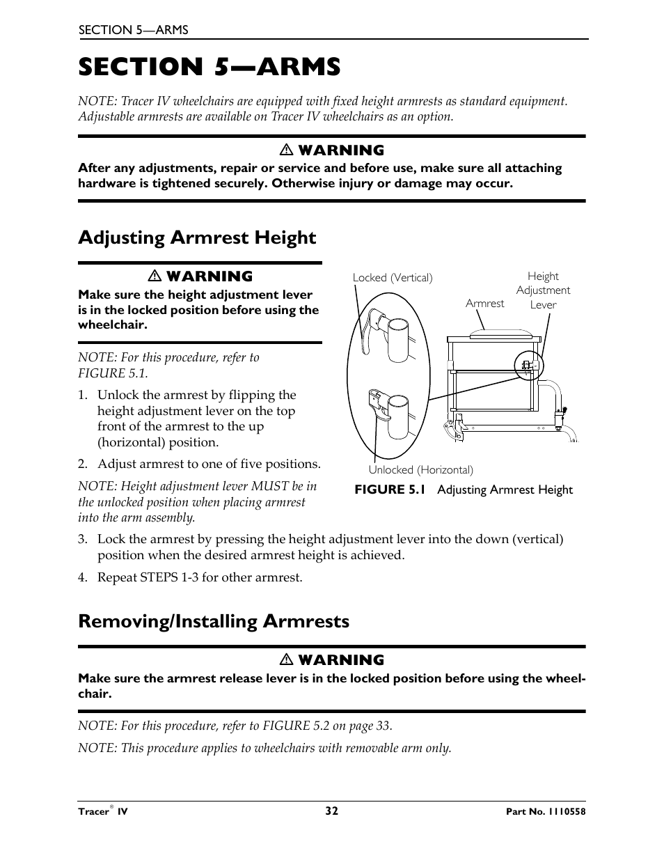 Adjusting armrest height, Removing/installing armrests | Activeforever Invacare Tracer IV Wheelchair User Manual | Page 32 / 51