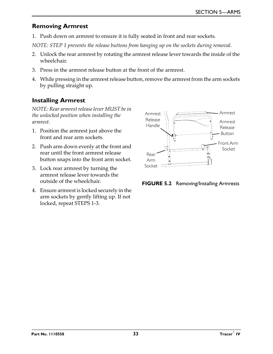 Removing armrest, Installing armrest | Activeforever Invacare Tracer IV Wheelchair User Manual | Page 33 / 51