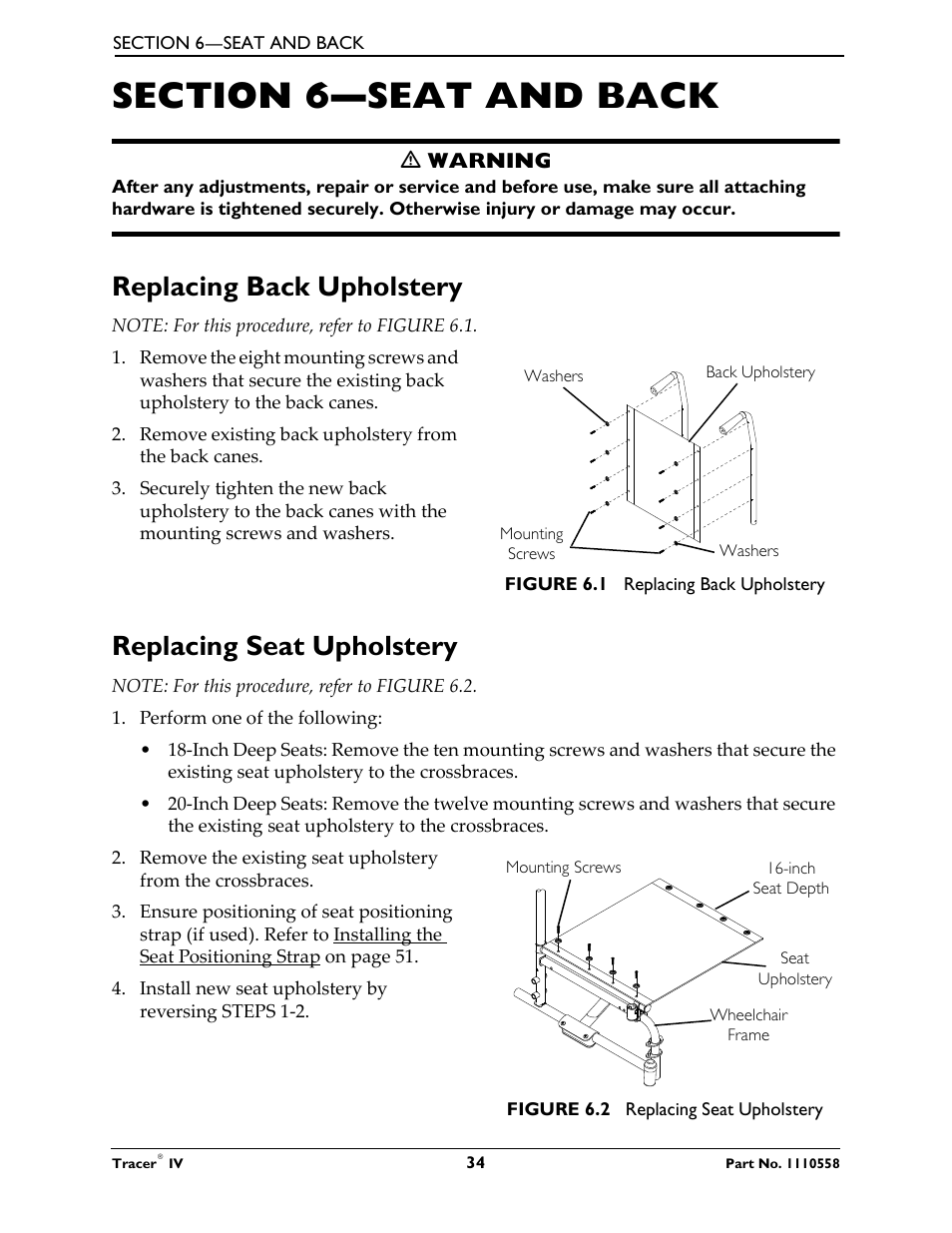 Replacing back upholstery, Replacing seat upholstery | Activeforever Invacare Tracer IV Wheelchair User Manual | Page 34 / 51