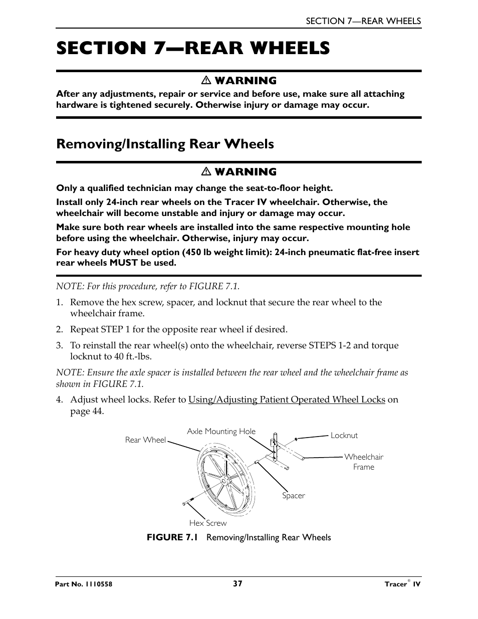 Removing/installing rear wheels | Activeforever Invacare Tracer IV Wheelchair User Manual | Page 37 / 51