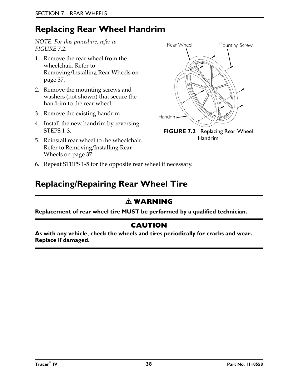 Replacing rear wheel handrim, Replacing/repairing rear wheel tire | Activeforever Invacare Tracer IV Wheelchair User Manual | Page 38 / 51