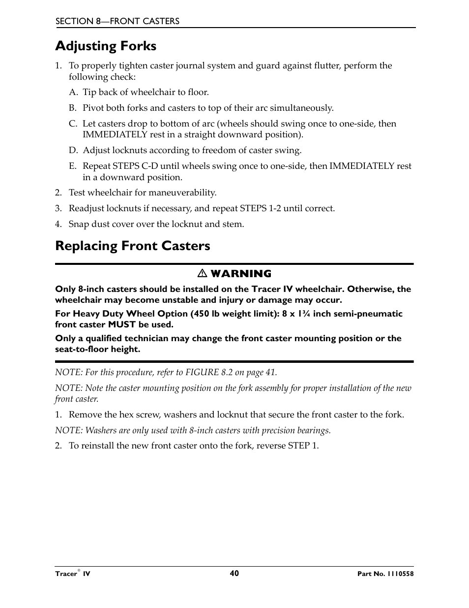 Adjusting forks, Replacing front casters | Activeforever Invacare Tracer IV Wheelchair User Manual | Page 40 / 51