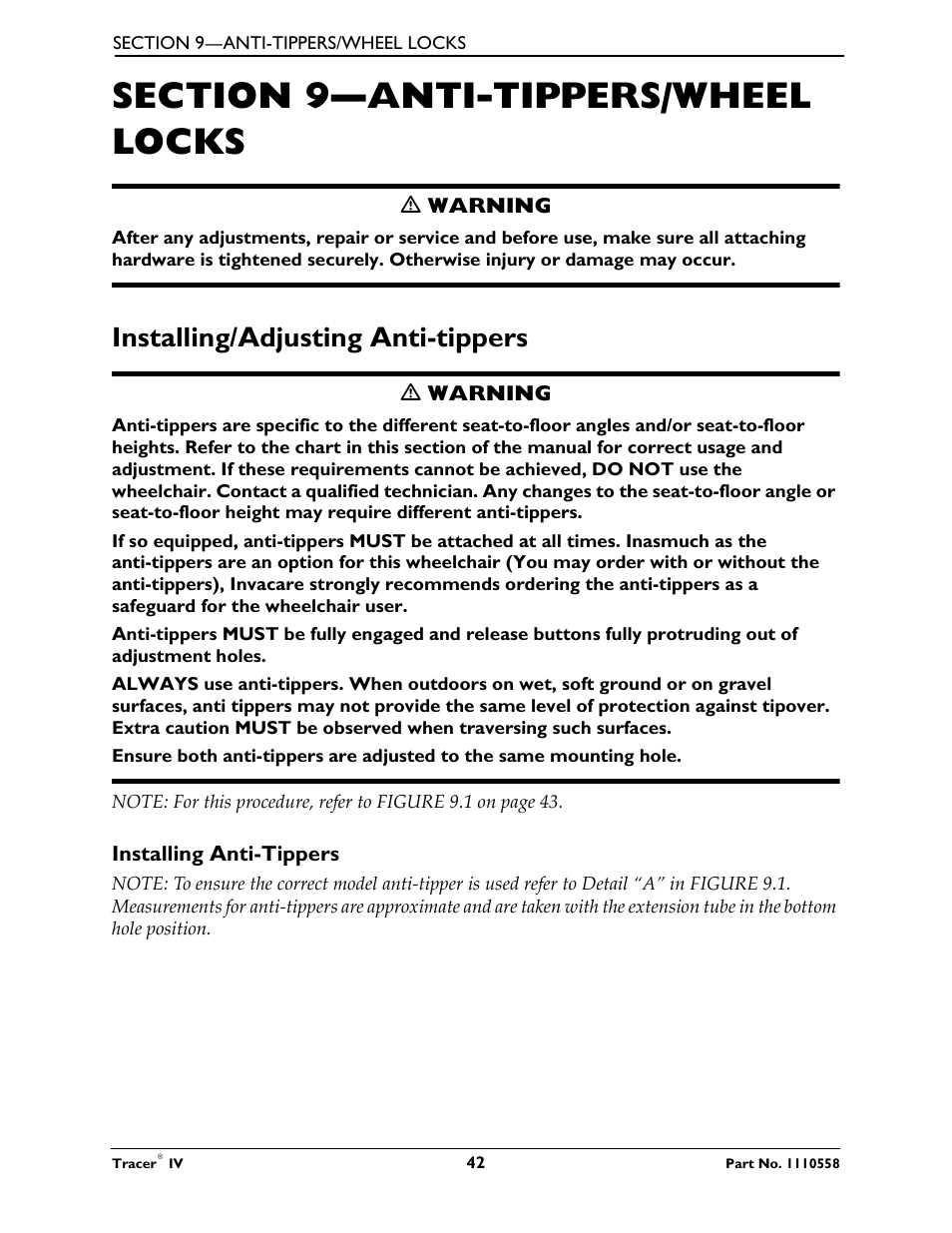 Installing/adjusting anti-tippers | Activeforever Invacare Tracer IV Wheelchair User Manual | Page 42 / 51