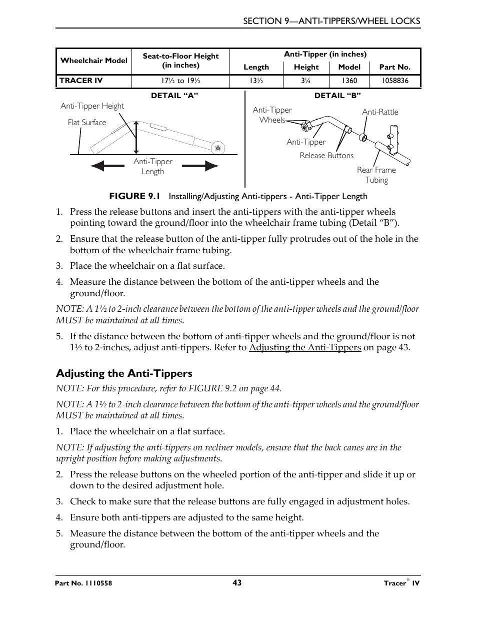 Adjusting the anti-tippers | Activeforever Invacare Tracer IV Wheelchair User Manual | Page 43 / 51
