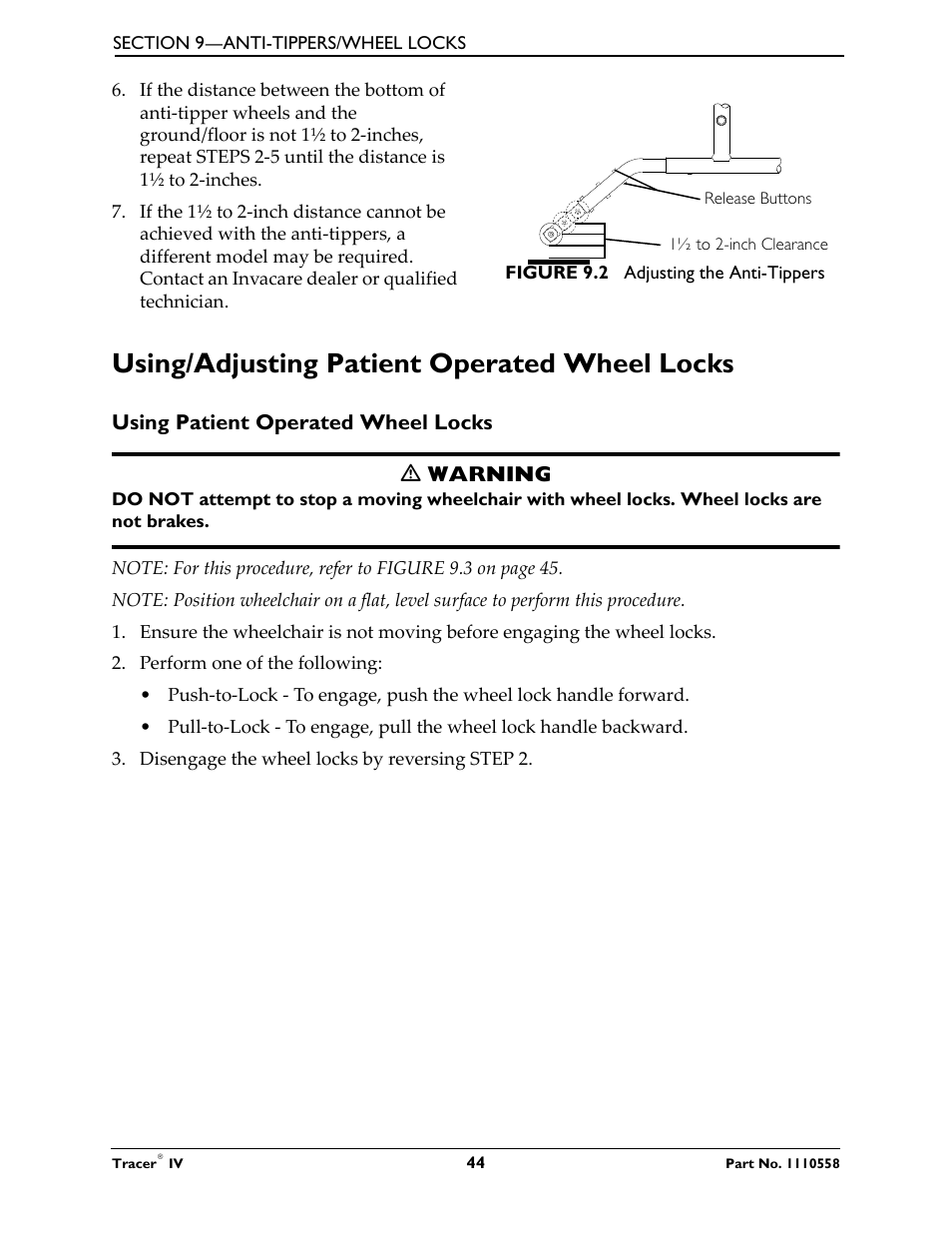 Using/adjusting patient operated wheel locks | Activeforever Invacare Tracer IV Wheelchair User Manual | Page 44 / 51