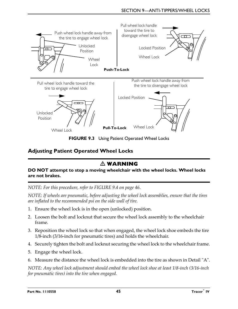 Adjusting patient operated wheel locks ƽ warning | Activeforever Invacare Tracer IV Wheelchair User Manual | Page 45 / 51