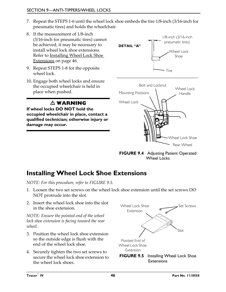 Installing wheel lock shoe extensions, Ƽ warning | Activeforever Invacare Tracer IV Wheelchair User Manual | Page 46 / 51