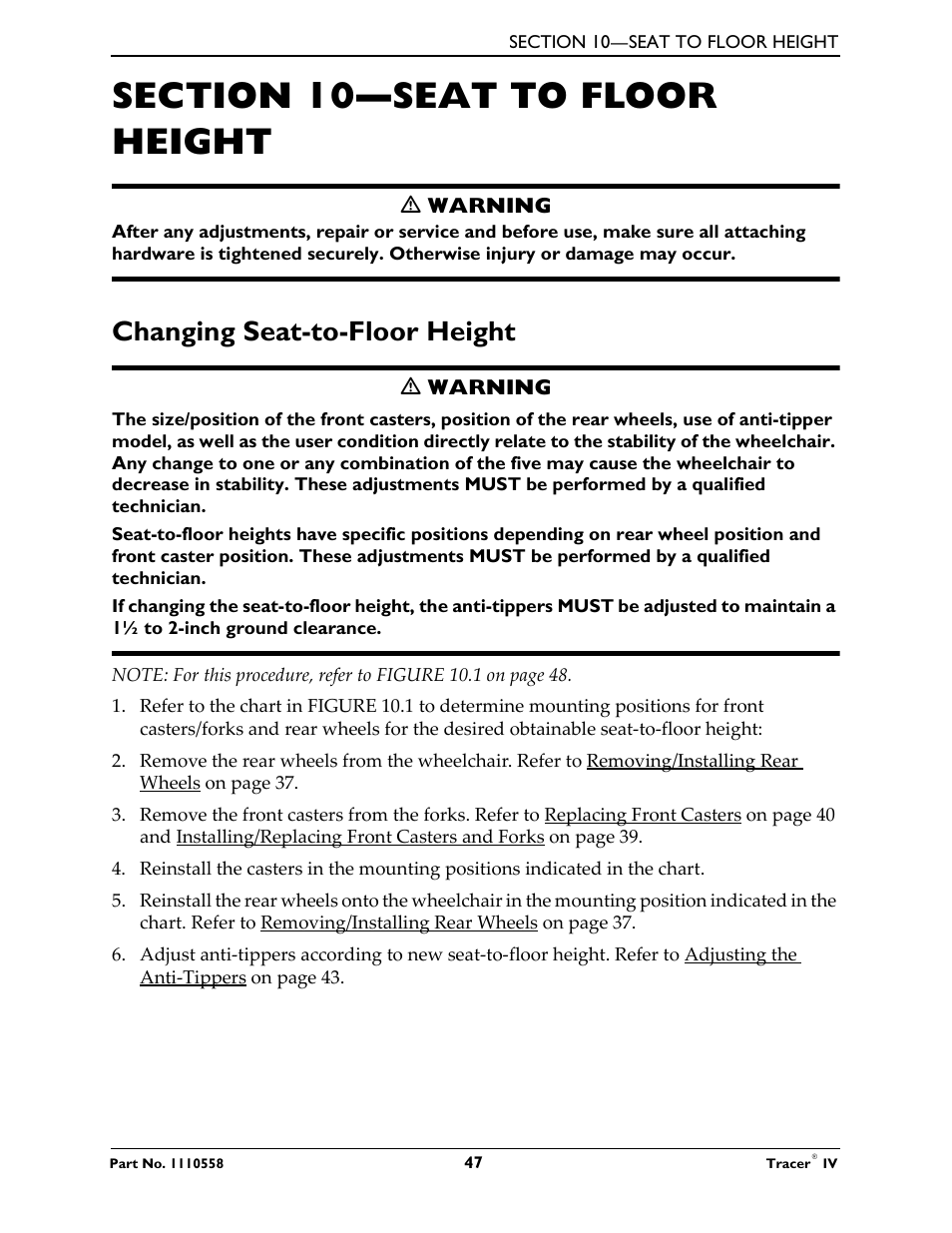 Changing seat-to-floor height | Activeforever Invacare Tracer IV Wheelchair User Manual | Page 47 / 51