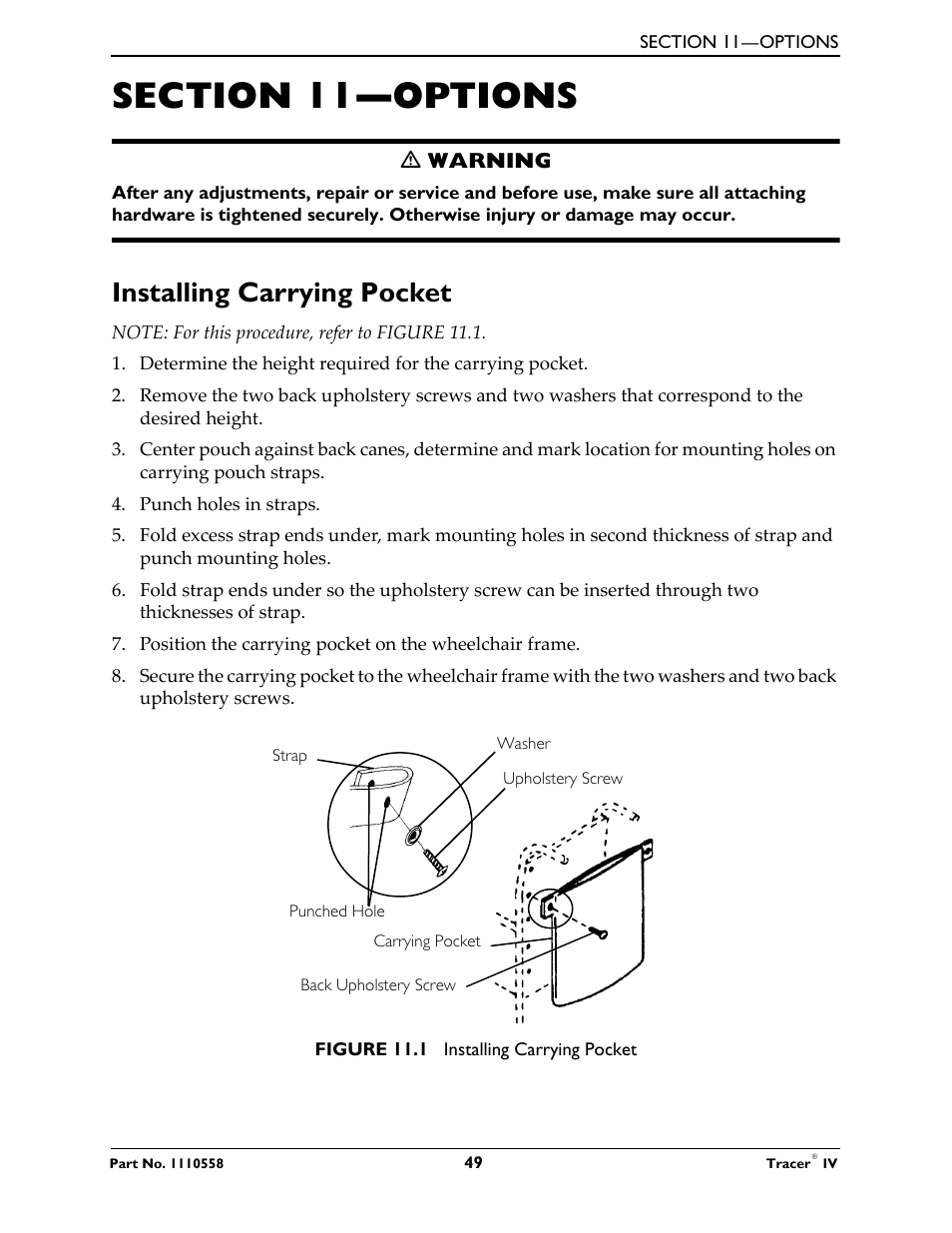 Installing carrying pocket | Activeforever Invacare Tracer IV Wheelchair User Manual | Page 49 / 51