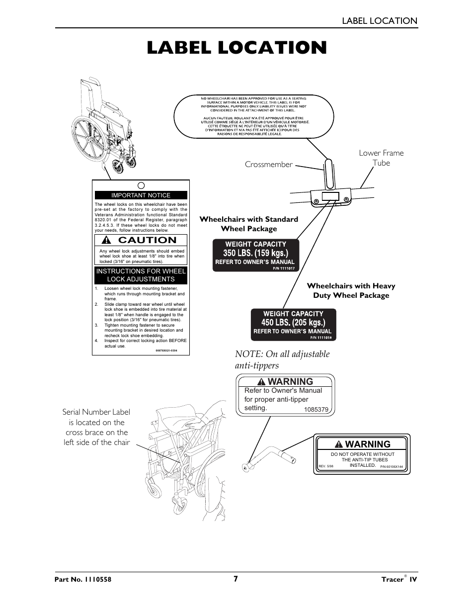Label location, Warning, Caution | Crossmember lower frame tube | Activeforever Invacare Tracer IV Wheelchair User Manual | Page 7 / 51