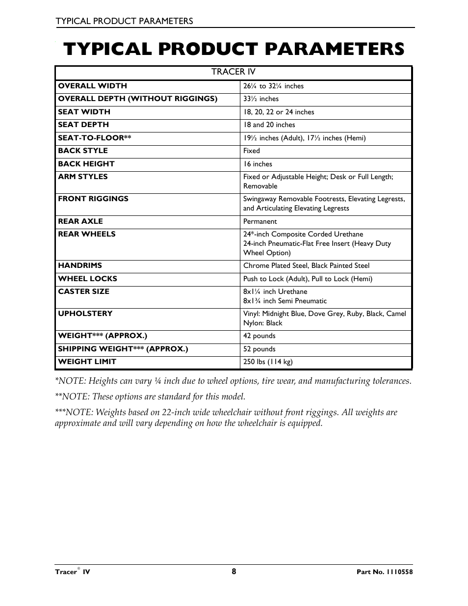 Typical product parameters | Activeforever Invacare Tracer IV Wheelchair User Manual | Page 8 / 51
