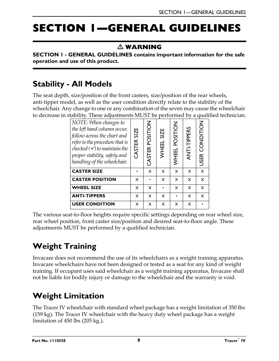 Stability - all models, Weight training, Weight limitation | Ƽ warning | Activeforever Invacare Tracer IV Wheelchair User Manual | Page 9 / 51