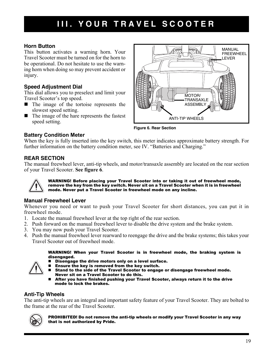 Iii. your travel scooter, Manual freewheel lever, Anti-tip wheels | Figure 6. rear section | Activeforever Pride Go Go Elite Traveller Plus Electric Scooter User Manual | Page 19 / 40