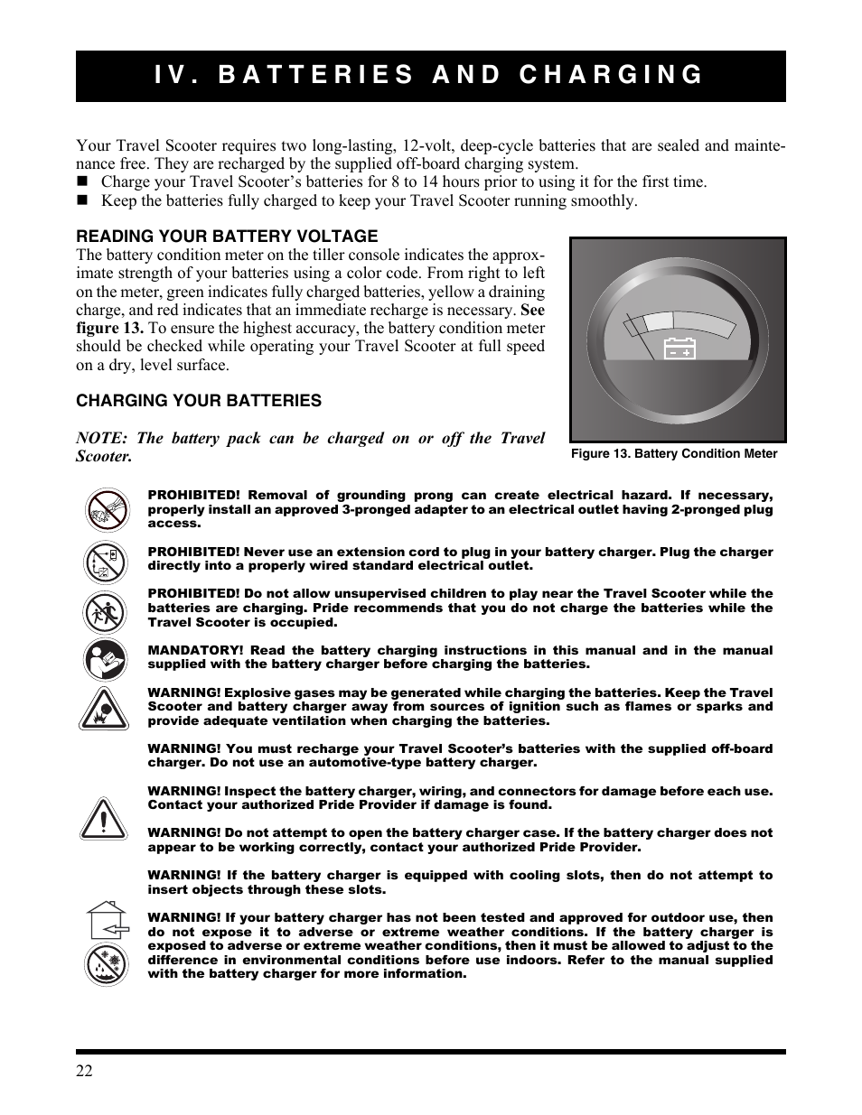 Iv. batteries and charging, Figure 13. battery condition meter | Activeforever Pride Go Go Elite Traveller Plus Electric Scooter User Manual | Page 22 / 40