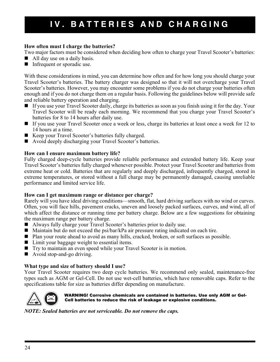 Iv. batteries and charging | Activeforever Pride Go Go Elite Traveller Plus Electric Scooter User Manual | Page 24 / 40