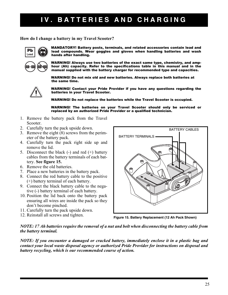 Iv. batteries and charging, Figure 15. battery replacement (12 ah pack shown) | Activeforever Pride Go Go Elite Traveller Plus Electric Scooter User Manual | Page 25 / 40