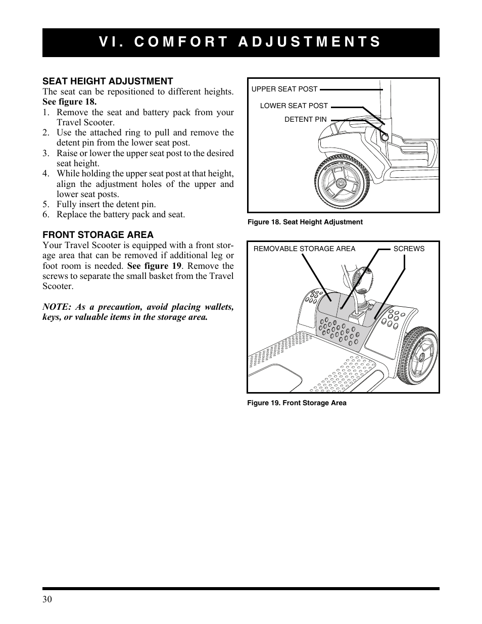 Vi. comfort adjustments, Figure 19. front storage area, Figure 18. seat height adjustment | Activeforever Pride Go Go Elite Traveller Plus Electric Scooter User Manual | Page 30 / 40
