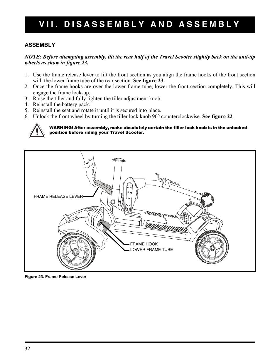 Vii. disassembly and assembly, Figure 23. frame release lever | Activeforever Pride Go Go Elite Traveller Plus Electric Scooter User Manual | Page 32 / 40