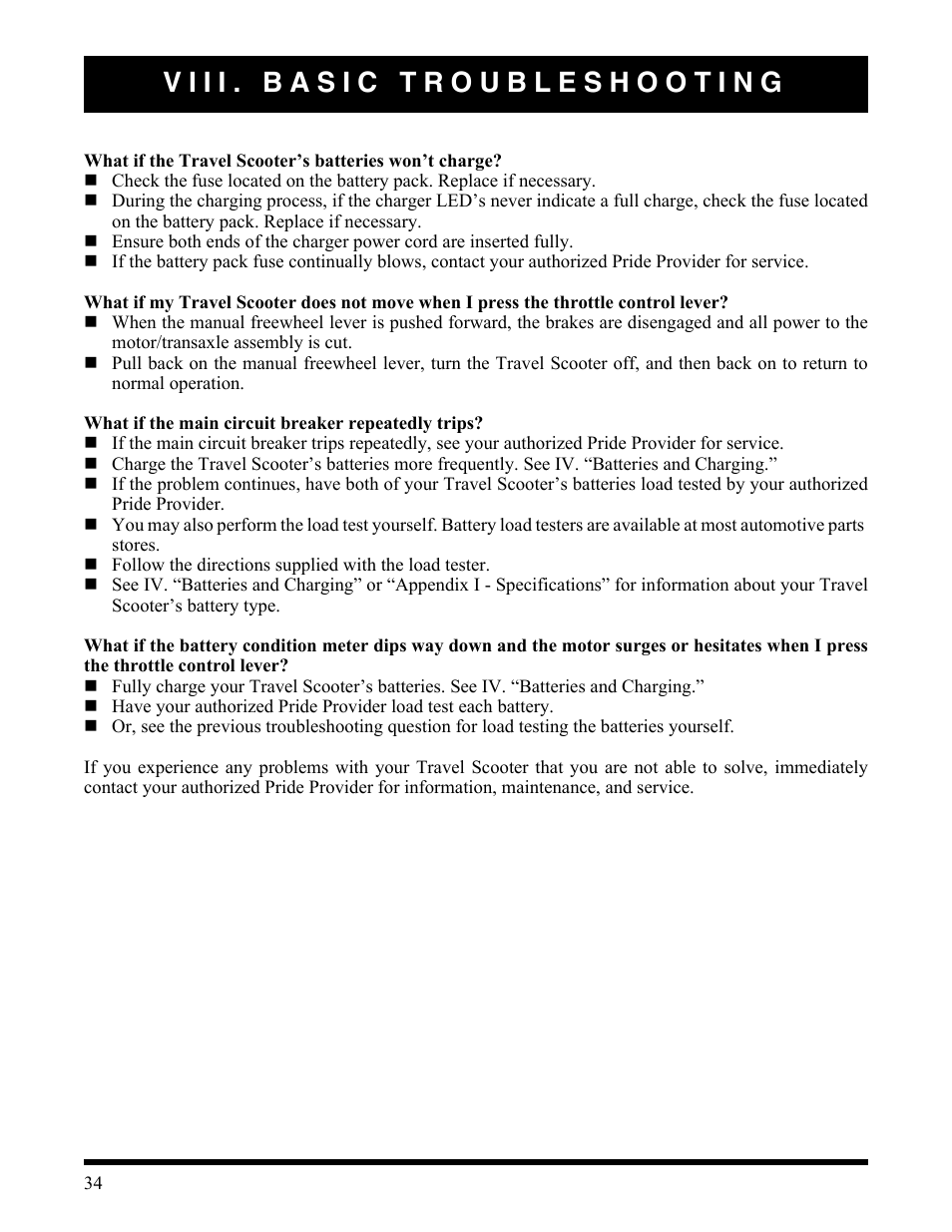 Viii. basic troubleshooting | Activeforever Pride Go Go Elite Traveller Plus Electric Scooter User Manual | Page 34 / 40