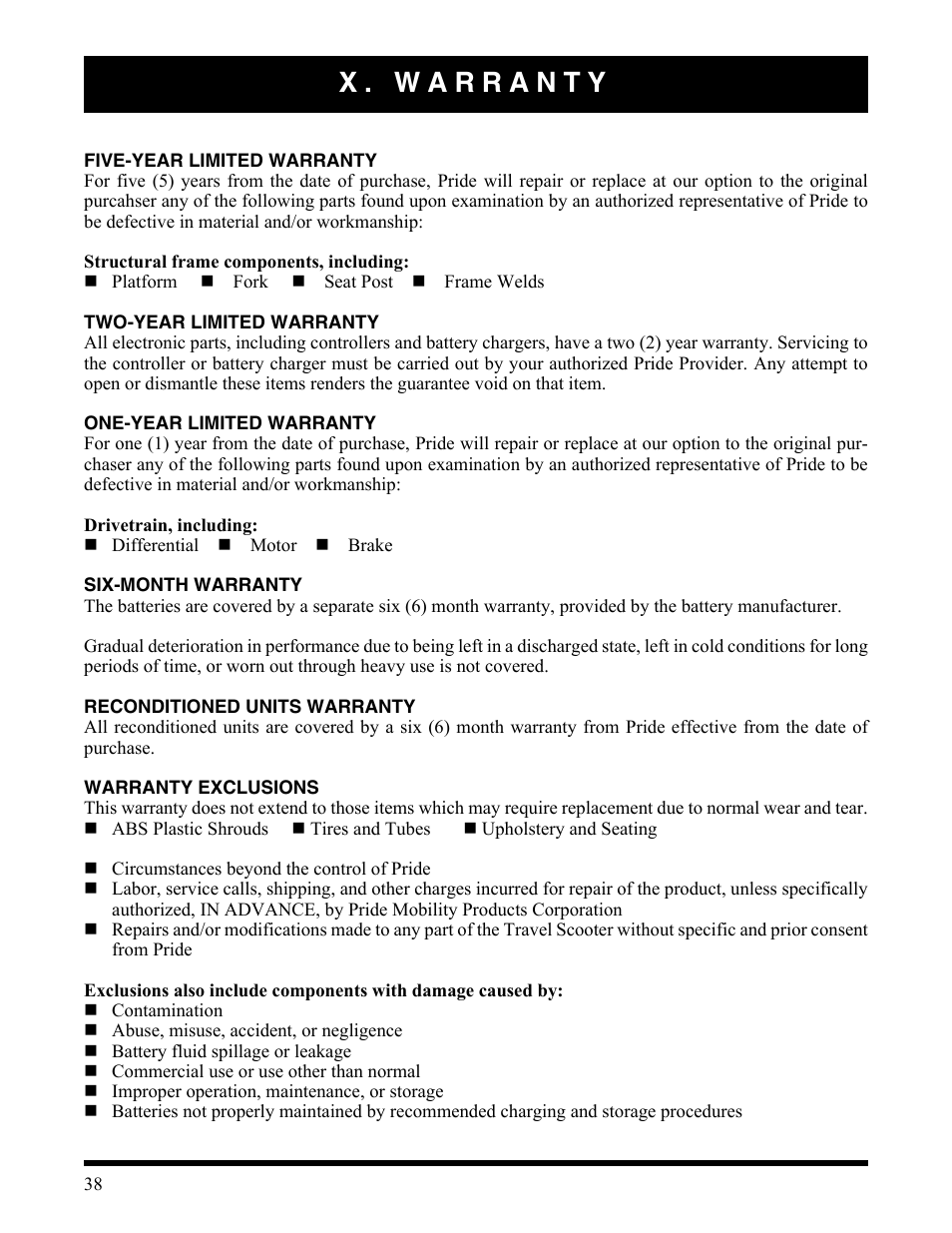 X. warranty | Activeforever Pride Go Go Elite Traveller Plus Electric Scooter User Manual | Page 38 / 40