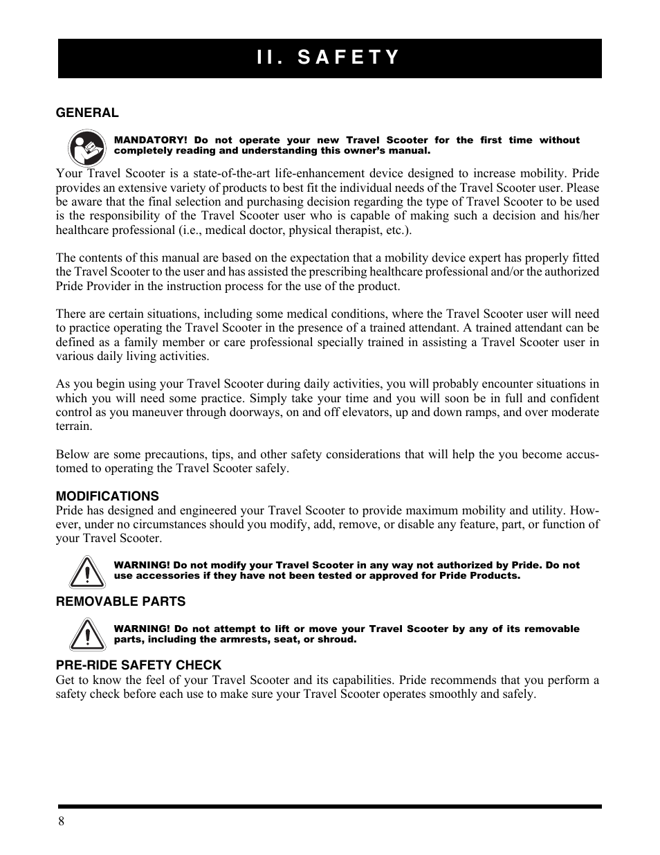 Ii. safety | Activeforever Pride Go Go Elite Traveller Plus Electric Scooter User Manual | Page 8 / 40