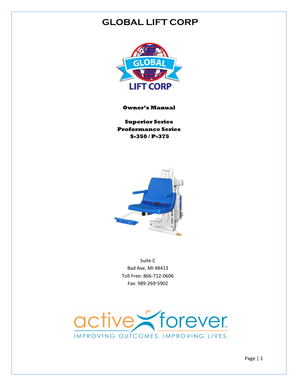 Activeforever Global Lift P-375 Proformance Series ADA Pool Lift User Manual | 12 pages