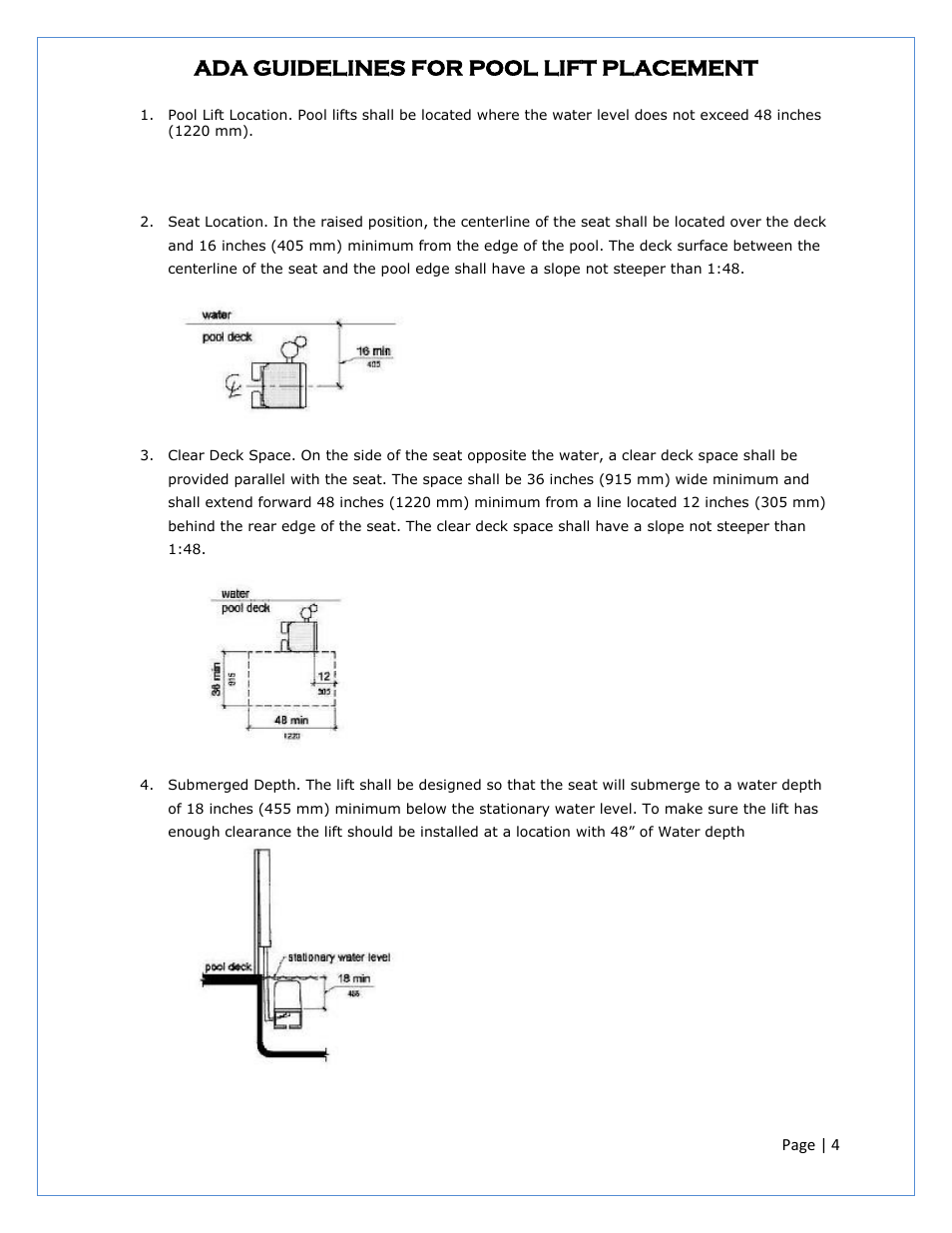 Ada guidelines for pool lift placement | Activeforever Global Lift P-375 Proformance Series ADA Pool Lift User Manual | Page 4 / 12