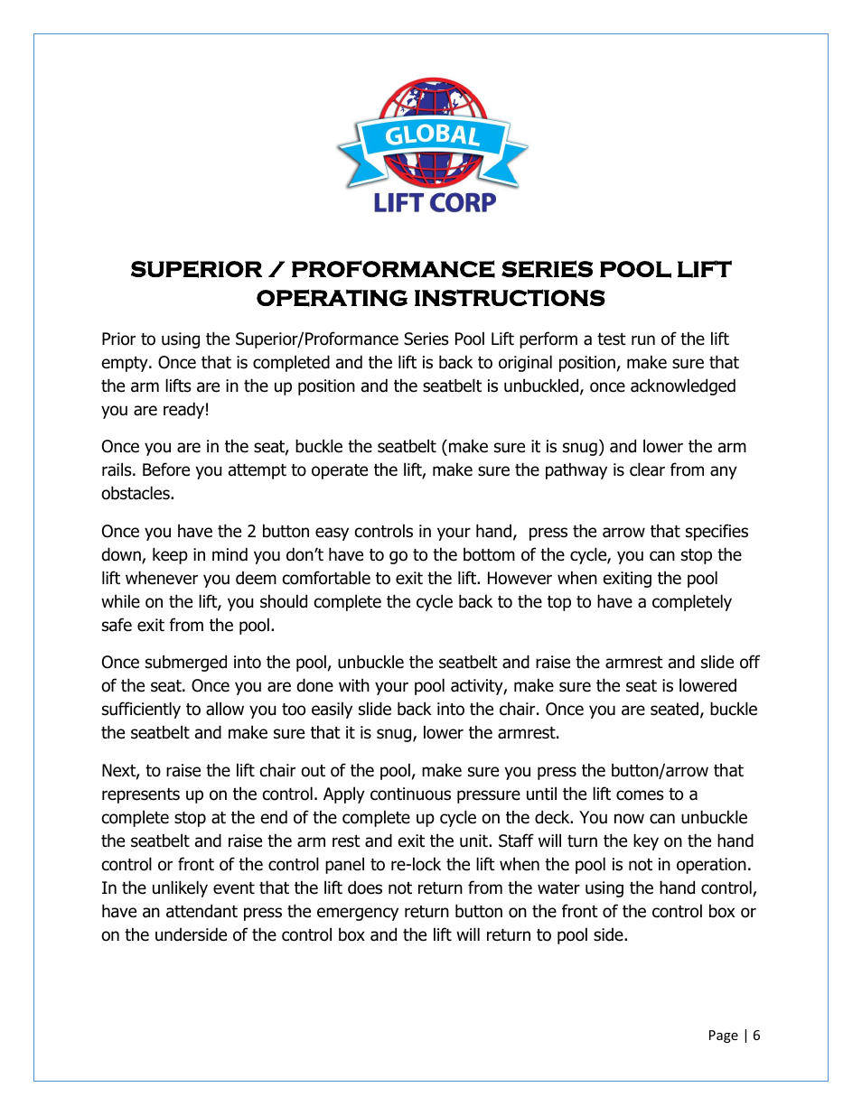 Activeforever Global Lift P-375 Proformance Series ADA Pool Lift User Manual | Page 6 / 12