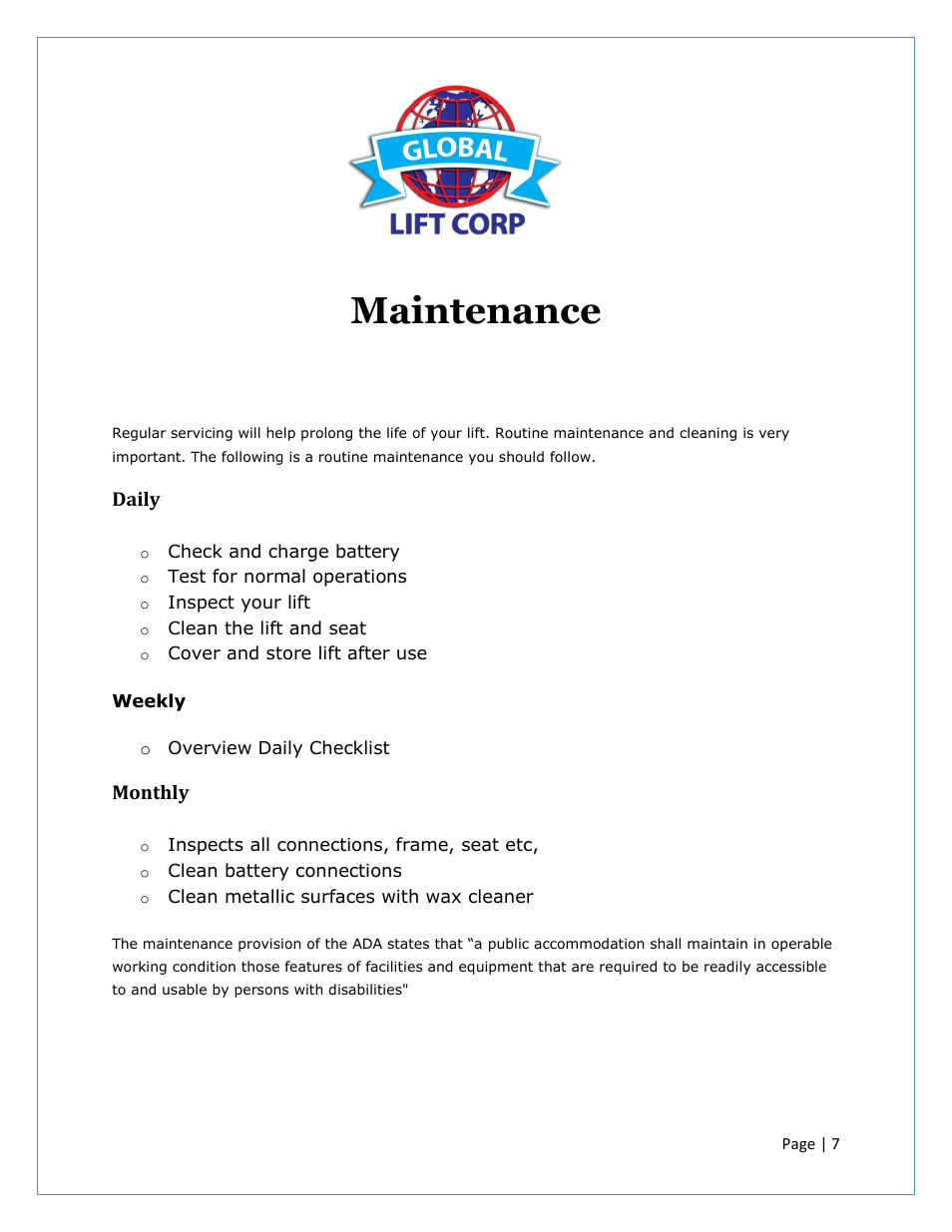 Maintenance | Activeforever Global Lift P-375 Proformance Series ADA Pool Lift User Manual | Page 7 / 12