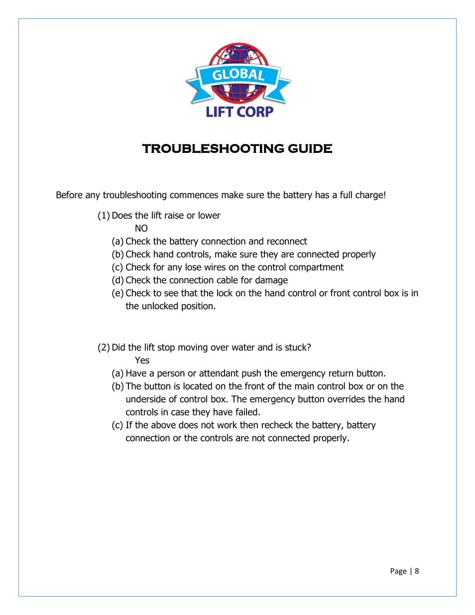 Troubleshooting guide | Activeforever Global Lift P-375 Proformance Series ADA Pool Lift User Manual | Page 8 / 12