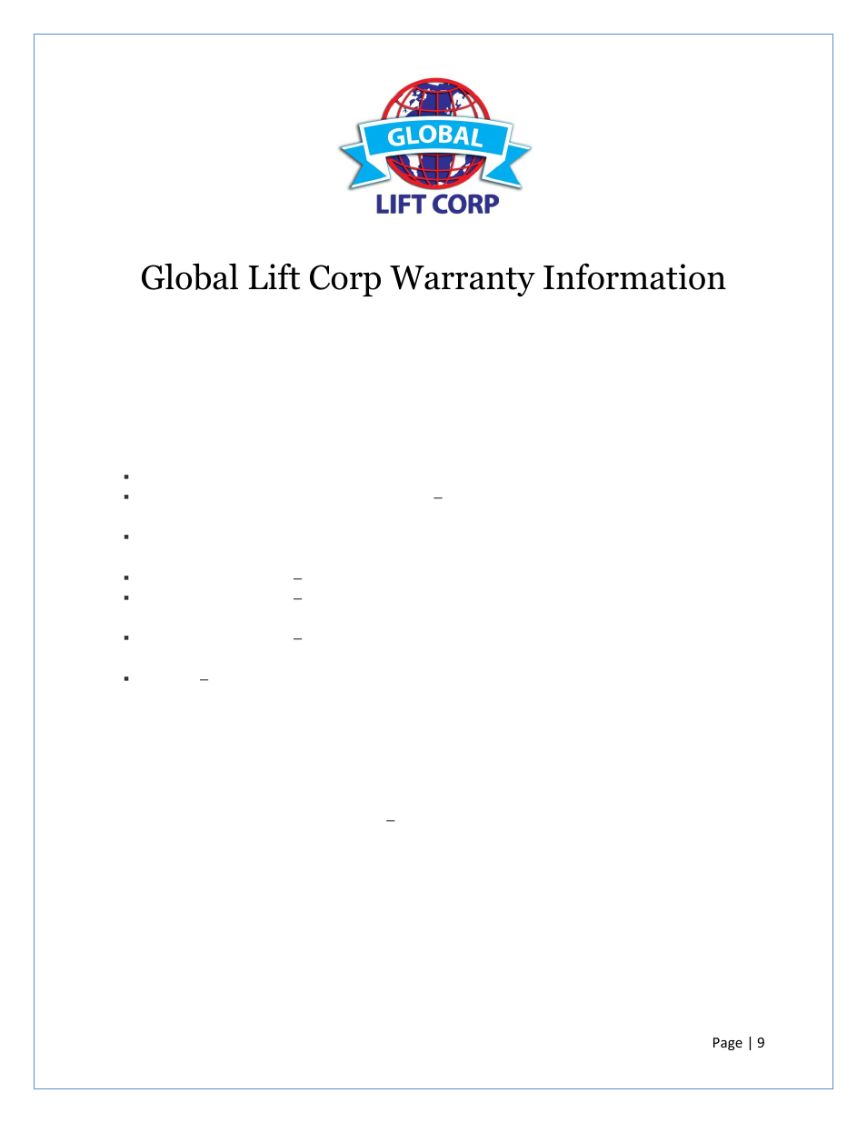 Global lift corp warranty information | Activeforever Global Lift P-375 Proformance Series ADA Pool Lift User Manual | Page 9 / 12