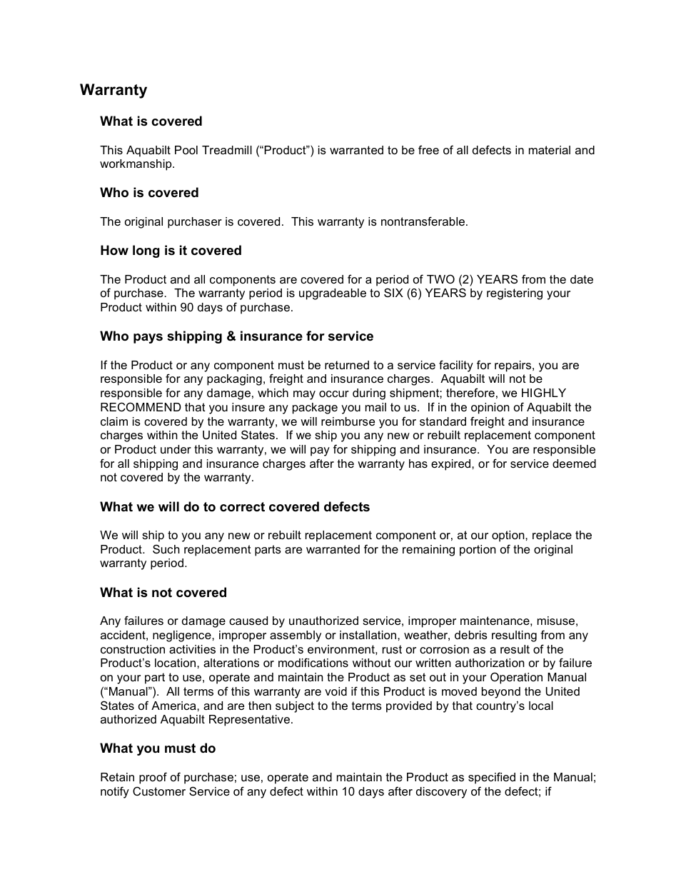 Warranty | Activeforever Aquabilt Aquatic Treadmill User Manual | Page 3 / 6