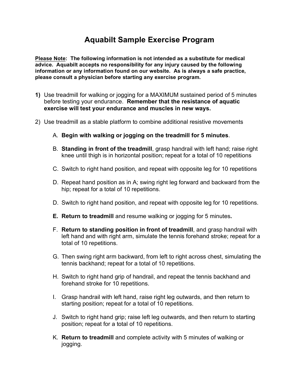 Aquabilt sample exercise program | Activeforever Aquabilt Aquatic Treadmill User Manual | Page 6 / 6