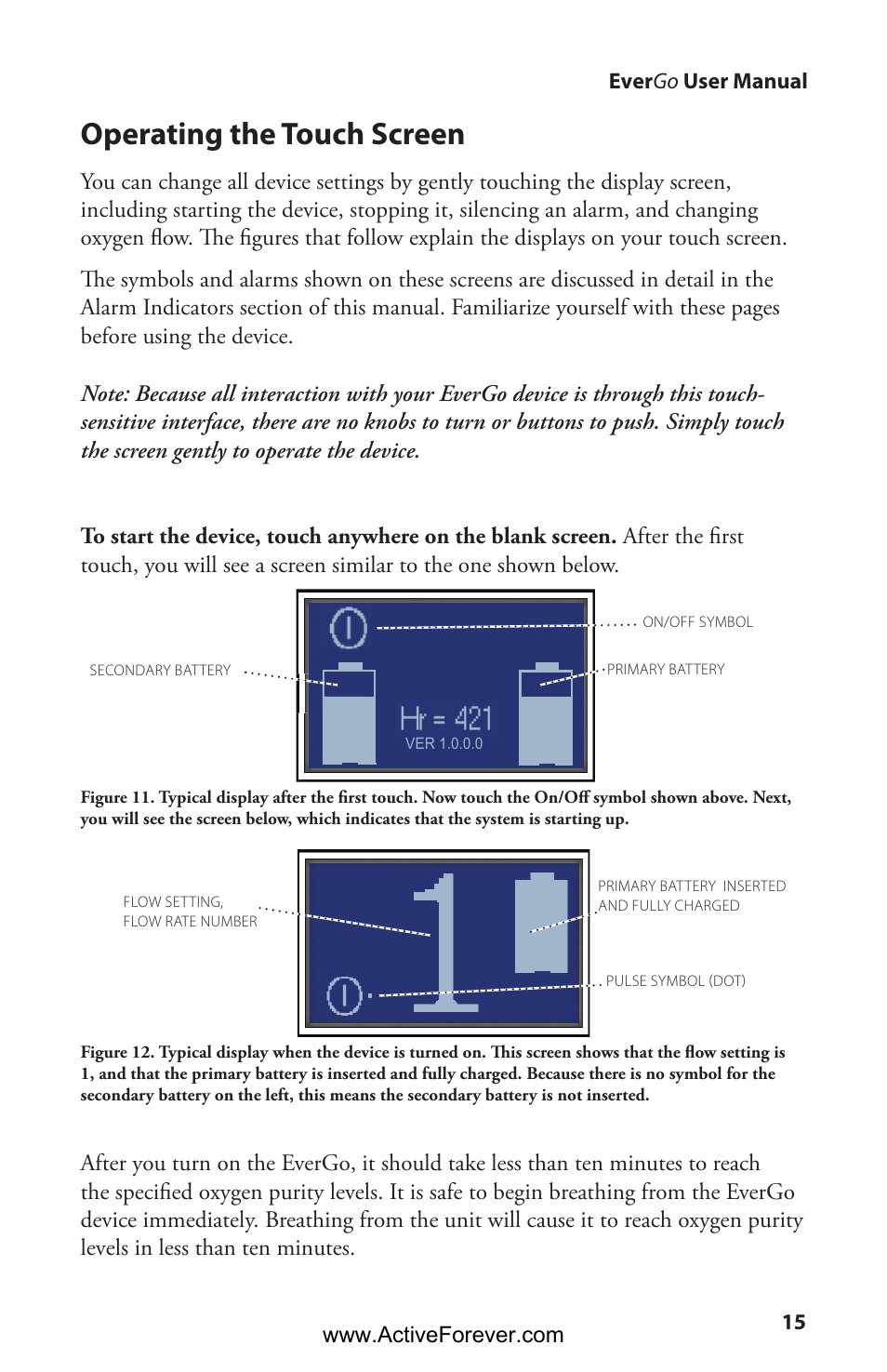 Operating the touch screen | Activeforever Respironics EverGo Portable Oxygen Concentrator User Manual | Page 18 / 38