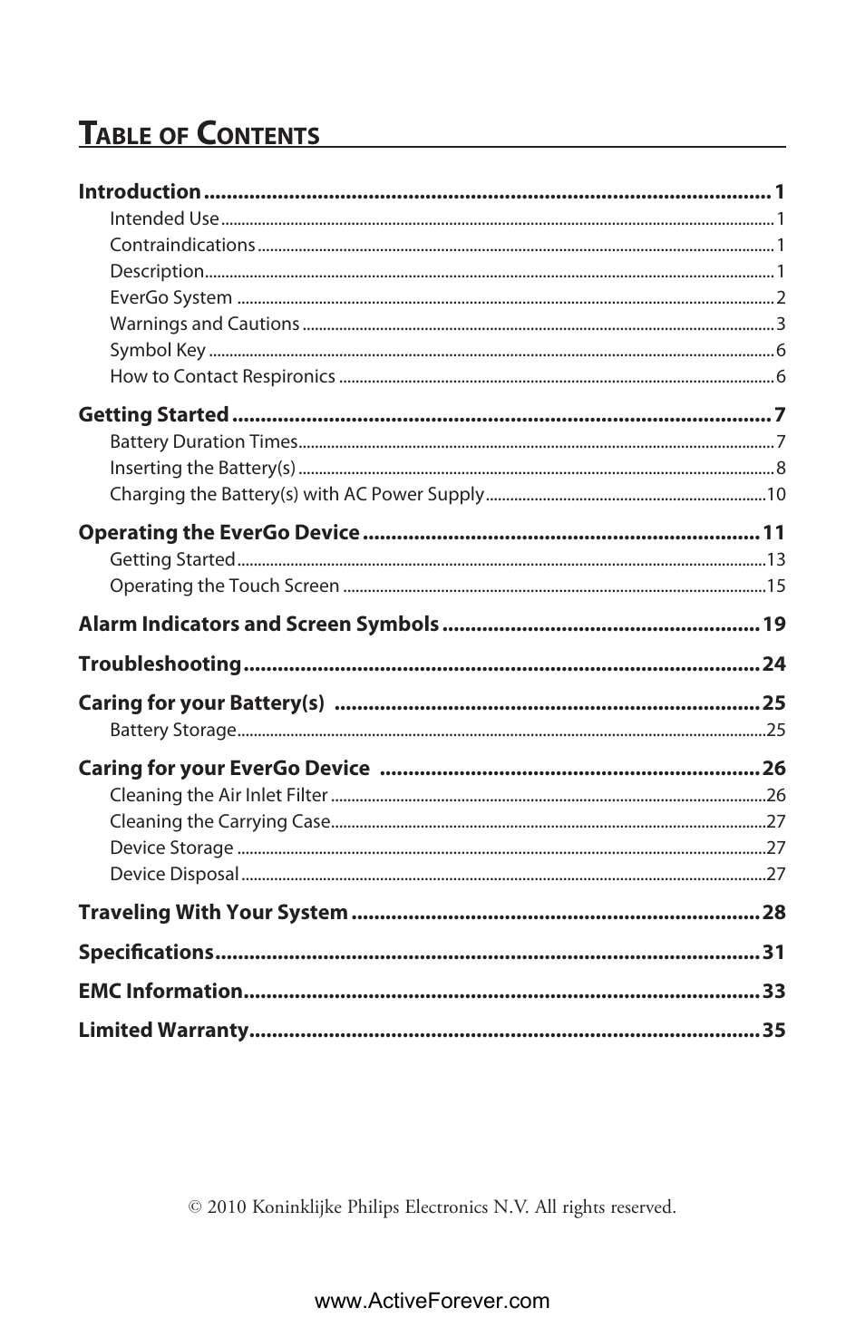 Activeforever Respironics EverGo Portable Oxygen Concentrator User Manual | Page 2 / 38